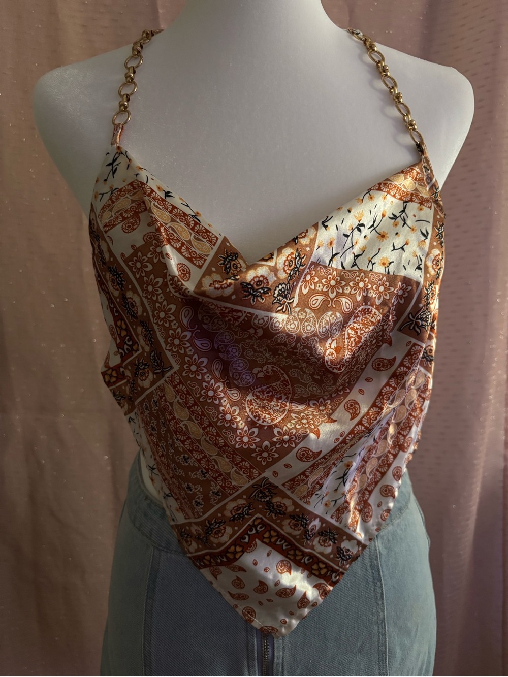 Forever 21 Gold-Chain Rust & Cream Paisley Satin Bandana Crop Top
